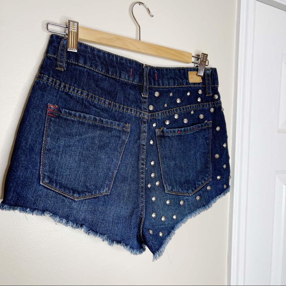 BDG High Rise Cheeky Distressed Dark Washed Denim Shorts - Picture 6 of 7